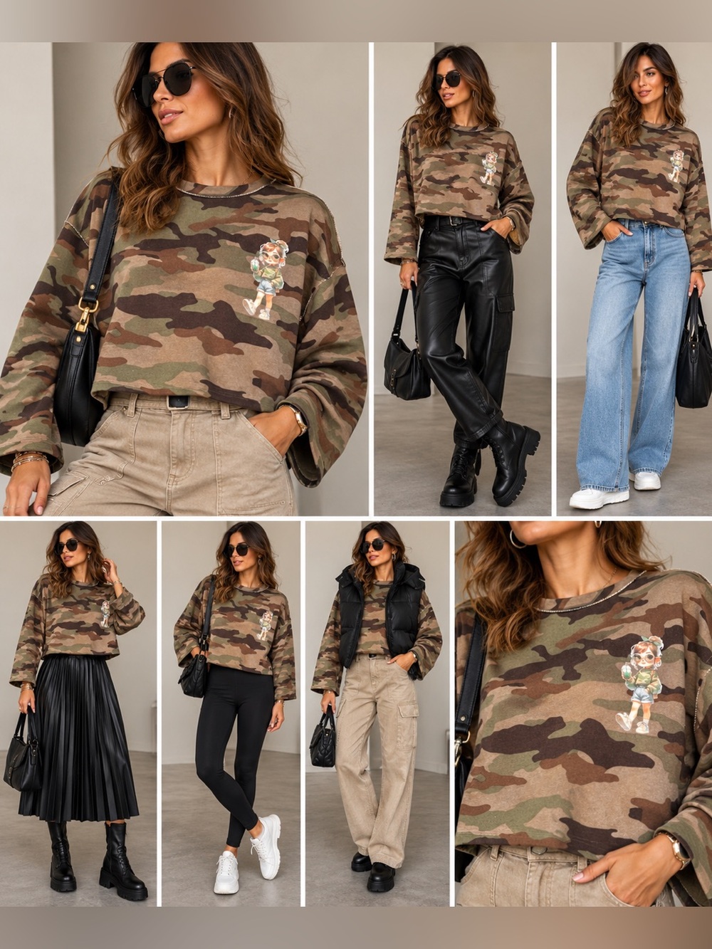BB DAKOTA Camouflage Cropped Sweatshirt with Girl Graphic size medium